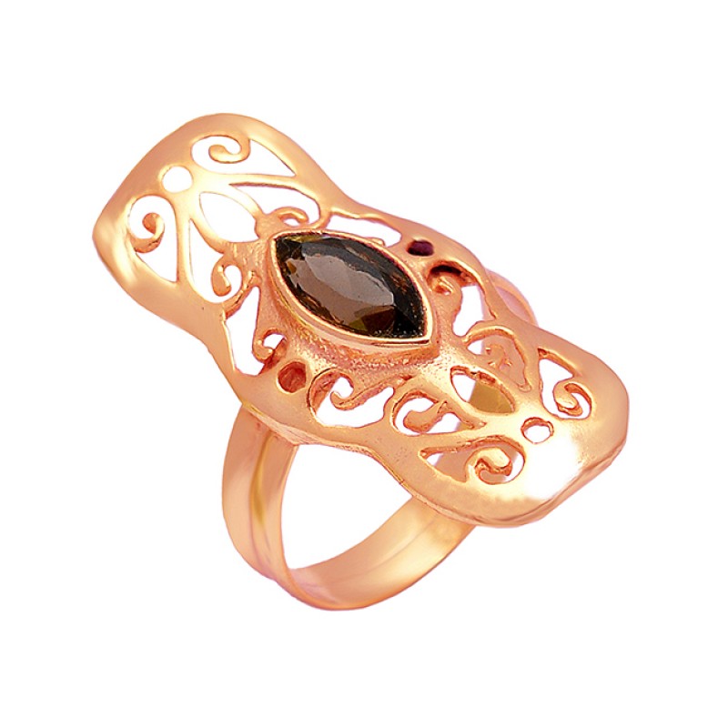 Smoky Quartz Marquise Shape Gemstone 925 Sterling Silver Gold Plated Filigree Style Designer Ring