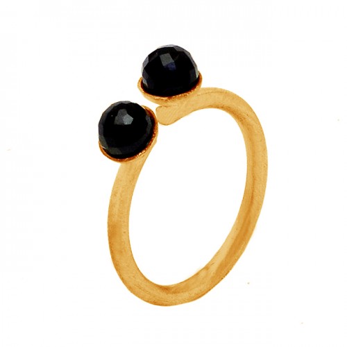 Faceted Balls Shape Black Onyx Gemstone 925 Sterling Silver Gold Plated Ring Jewelry