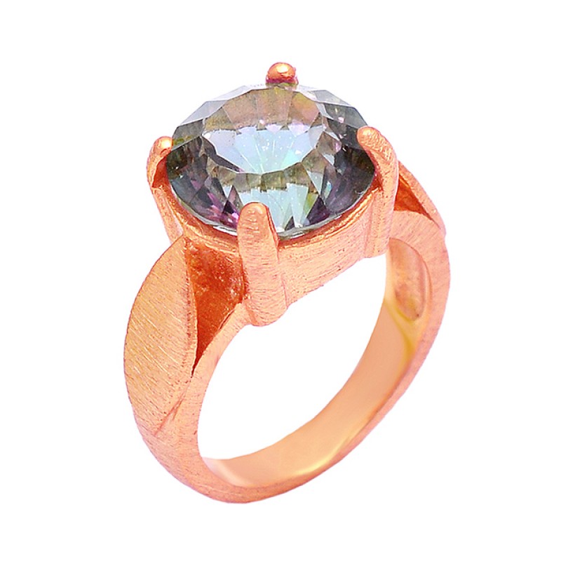 Prong Setting Round Shape Mystic Topaz Gemstone 925 Sterling Silver Gold Plated Ring Jewelry