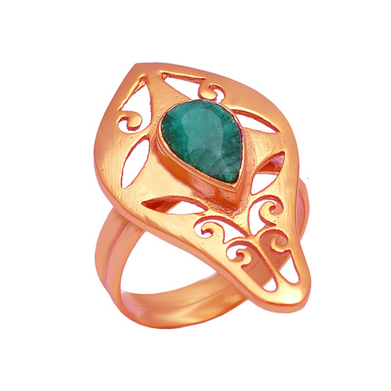 Emerald Pear Shape Gemstone 925 Sterling Silver Gold Plated Filigree Style Designer Ring Jewelry