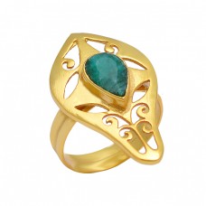 Emerald Pear Shape Gemstone 925 Sterling Silver Gold Plated Filigree Style Designer Ring Jewelry