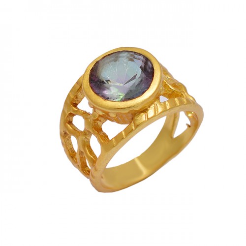 925 Sterling Silver Round Shape Mystic Topaz Gemstone Gold Plated Ring Jewelry