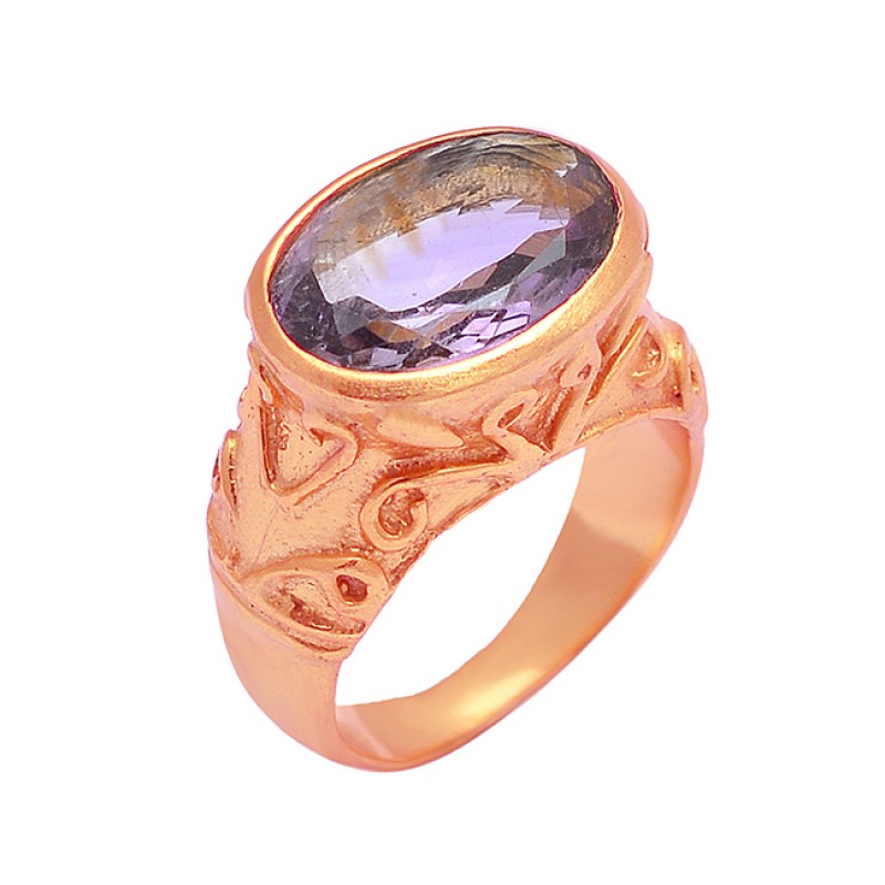 Vintage Style Amethyst Oval Shape Gemstone 925 Silver Gold Plated Ring Jewelry