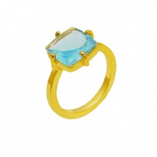 Square Shape Blue Topaz Gemstone 925 Sterling Silver Gold Plated Ring Jewelry