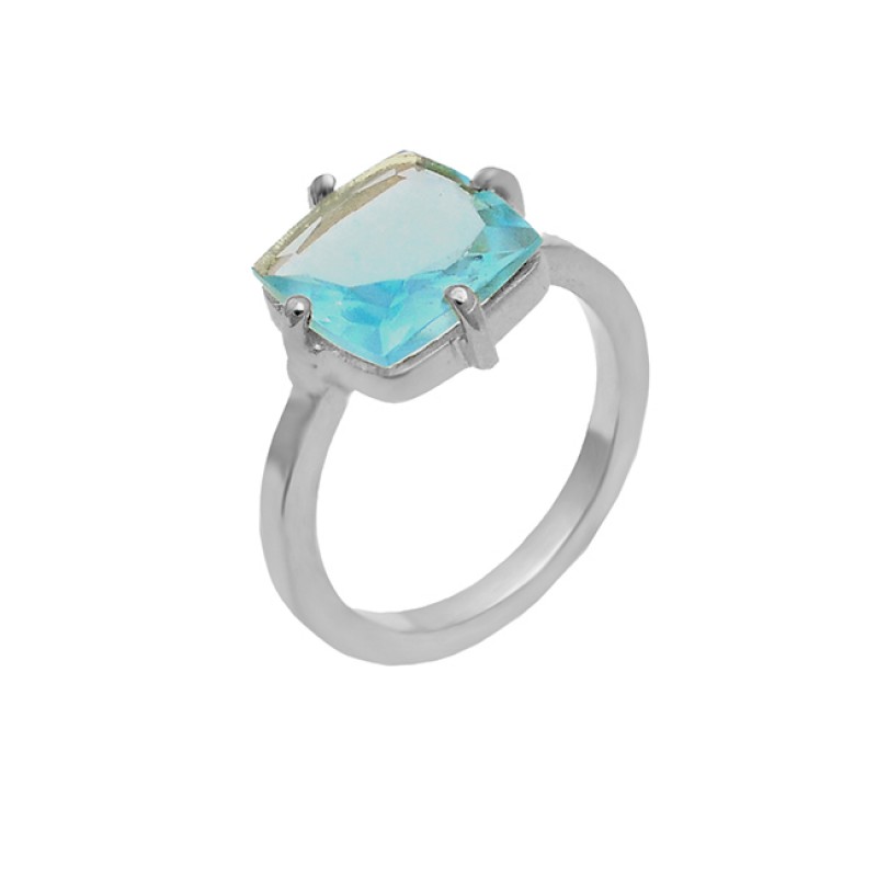 Square Shape Blue Topaz Gemstone 925 Sterling Silver Gold Plated Ring Jewelry