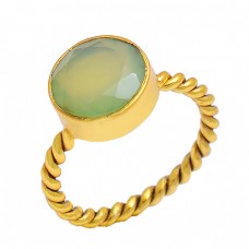 925 Sterling Silver Aqua Chalcedony Round Shape Gemstone Gold Plated Ring