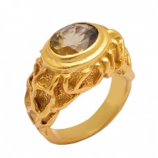 Oval Faceted Smoky Quartz 925 Sterling Silver Gold Plated Ring Jewelry