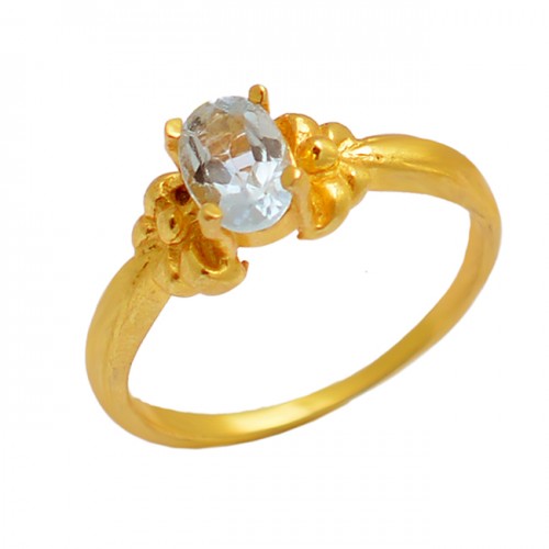 Oval Shape Blue Topaz Gemstone 925 Sterling Silver Gold Plated Designer Ring