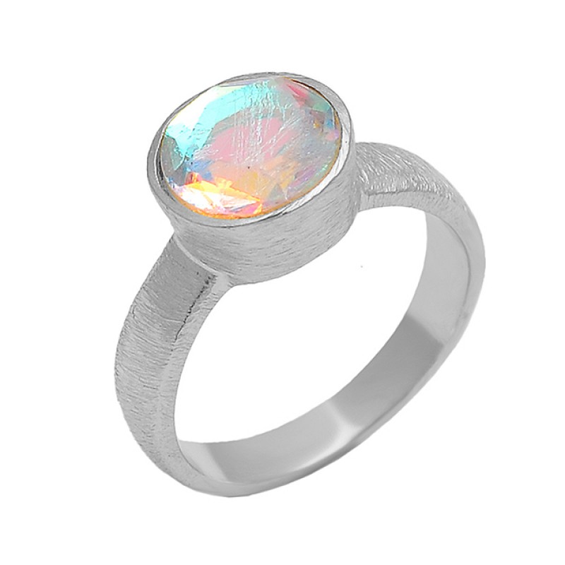 Round Shape Rainbow Mystic Topaz Gemstone 925 Silver Gold Plated Ring