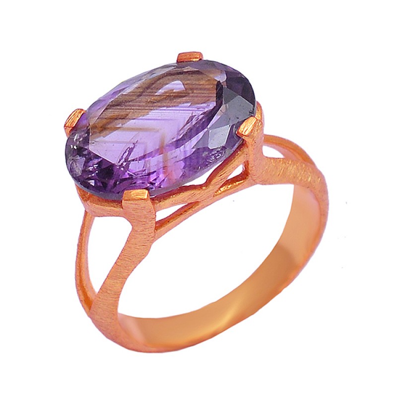925 Sterling Silver Amethyst Oval Shape Gemstone Gold Plated Ring Jewelry