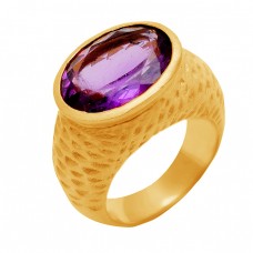 Amethyst Oval Shape Gemstone 925 Sterling Silver Gold Plated Ring Jewelry