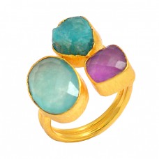 Handcrafted Designer Multi Color Gemstone 925 Sterling Silver Gold Plated Ring