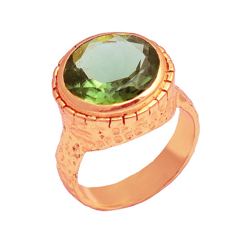 Faceted Round Shape Peridot Gemstone 925 Sterling Silver Gold Plated Ring