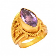 Stylish Handmade Amethyst Gemstone 925 Sterliing Silver Gold Plated Ring