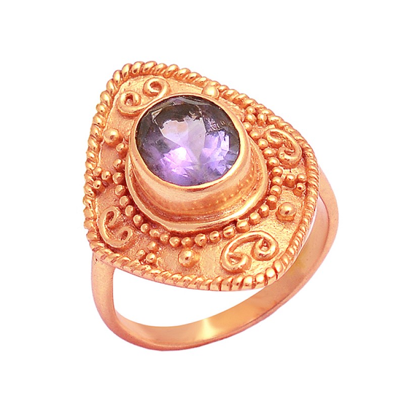 Amethyst Oval Shape Gemstone 925 Sterling Silver Gold Plated Ring Jewelry
