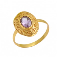 Vintage Look Amethyst Oval Shape Gemstone 925 Sterling Silver Gold Plated Ring