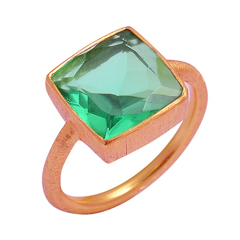 925 Sterling Silver Green Quartz Square Shape Gemstone Gold Plated Ring