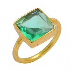 925 Sterling Silver Green Quartz Square Shape Gemstone Gold Plated Ring