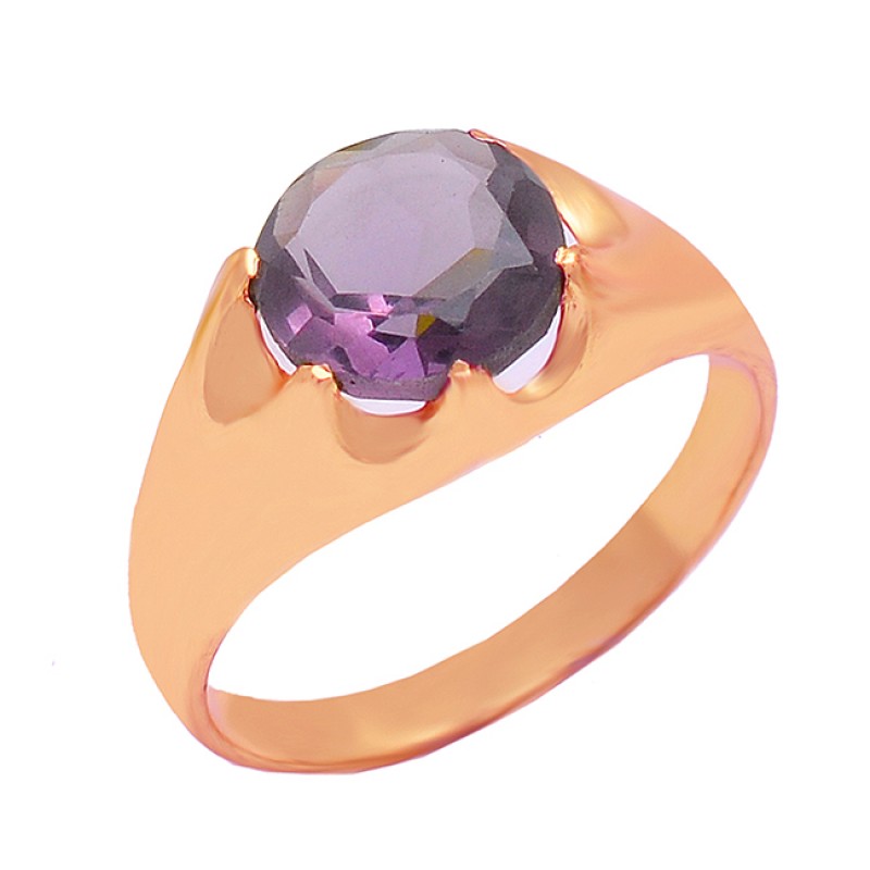925 Sterling Silver Amethyst Round Shape Gemstone Designer Gold Plated Ring