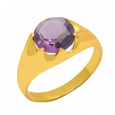 925 Sterling Silver Amethyst Round Shape Gemstone Designer Gold Plated Ring