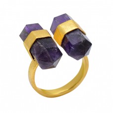 925 Sterling Silver Pencil Shape Amethyst Gemstone Gold Plated Ring