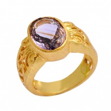 Faceted Oval Shape Amethyst 925 Sterling Silver Gold Plated Ring jewelry