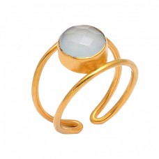 Round Shape Chalcedony  Gemstone 925 Sterling Silver Gold Plated Ring