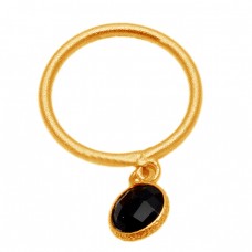 Round Shape Black Onyx Gemstone 925 Sterling Silver Gold Plated Ring Jewelry