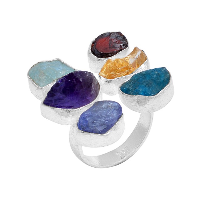 Raw Material Multi Color Rough Gemstone 925 Sterling Silver Handmade Ring