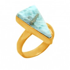 Cabochon Triangle Shape Larimar Gemstone 925 Sterling Silver Gold Plated Ring Jewelry