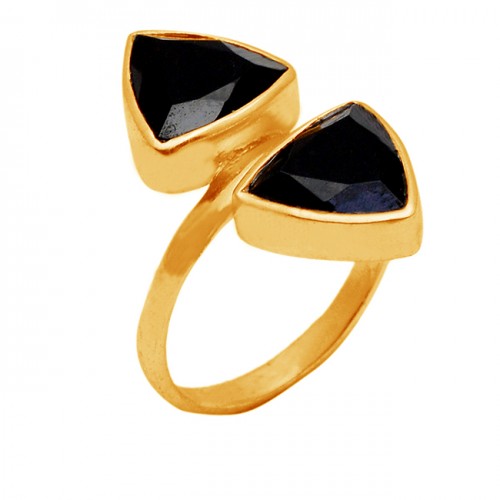 Triangle Shape Black Onyx Gemstone 925 Sterling Silver Gold Plated Ring Jewelry