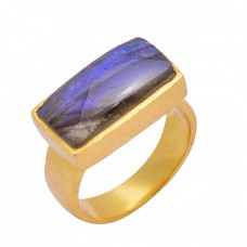 Labradorite Rectangle Shape Gemstone 925 Sterling Silver Gold Plated Ring