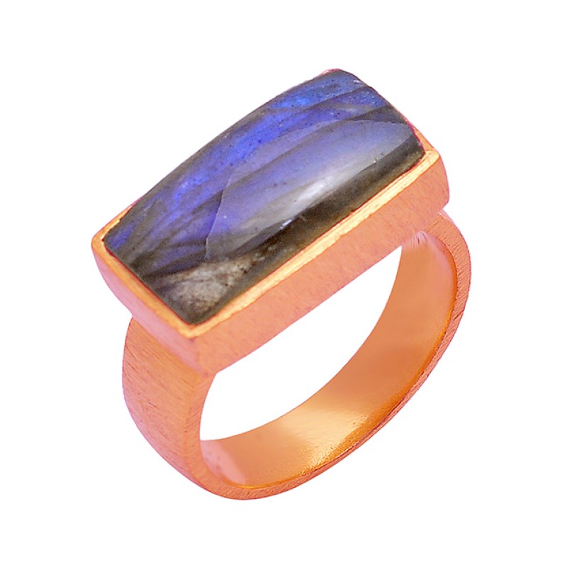 Labradorite Rectangle Shape Gemstone 925 Sterling Silver Gold Plated Ring