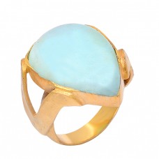 Cabochon Pear Shape Blue Aragonite Gemstone 925 Silver Gold Plated Ring