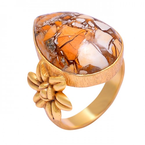 925 Sterling Silver Flower Designer Brecciated Mookaite Gemstone Gold Plated Ring
