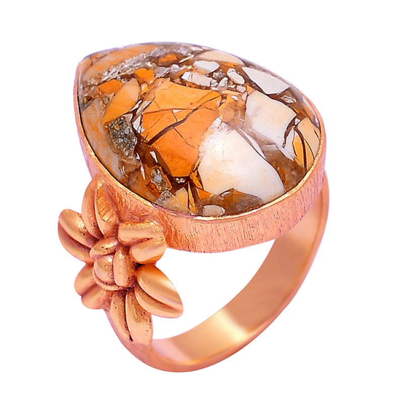 925 Sterling Silver Flower Designer Brecciated Mookaite Gemstone Gold Plated Ring