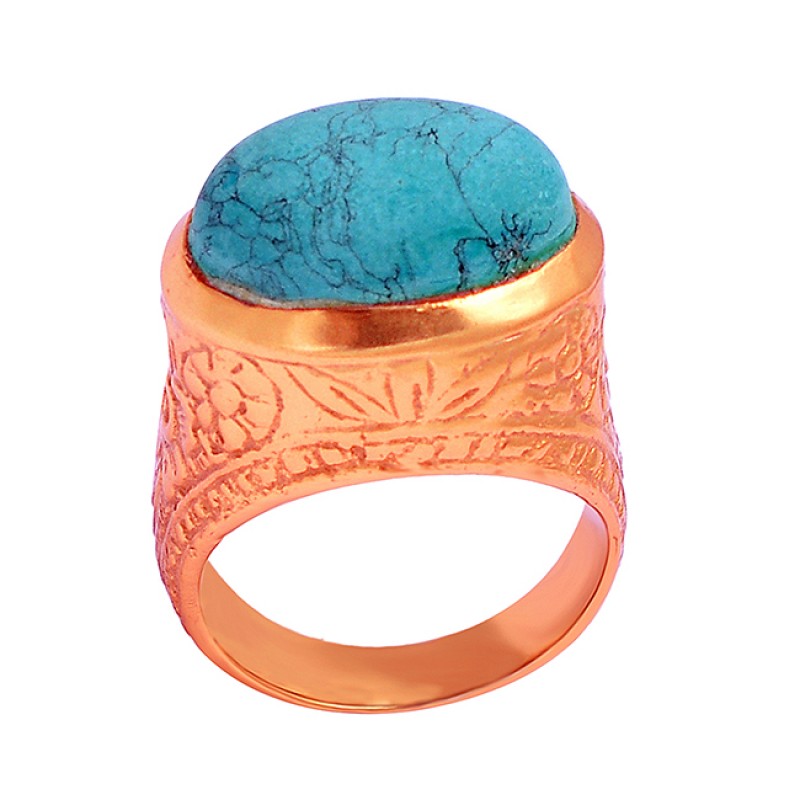 Matrix Turquoise Oval Shape Gemstone 925 Sterling Silver Gold Plated Designer Ring