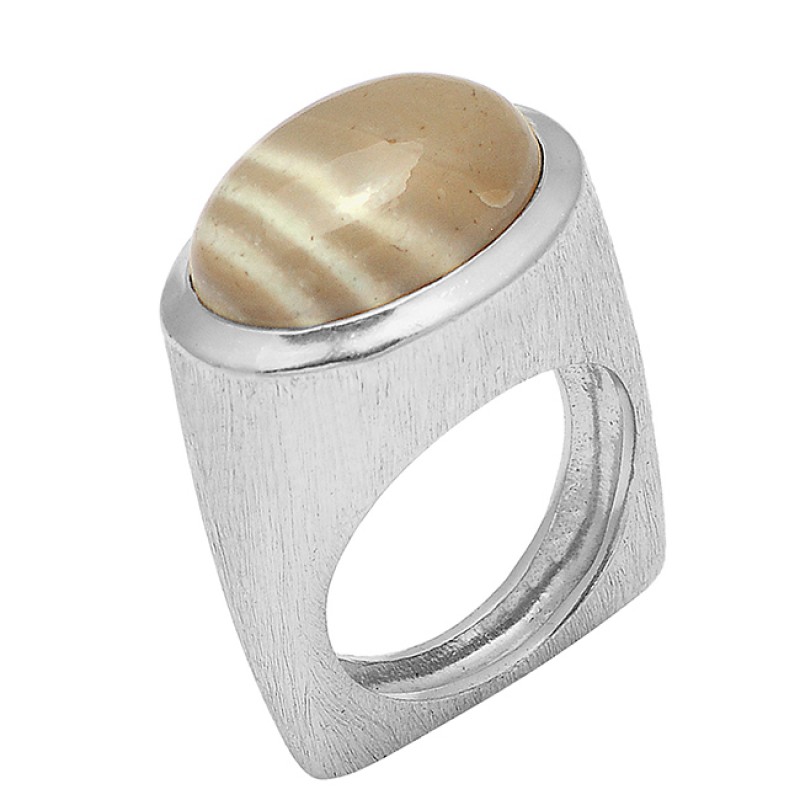 Oval Cabochon Flint Gemstone Unique 925 Sterling Silver Gold Plated Designer Ring