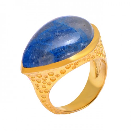 Lapis Lazuli Pear Cabochon Gemstone 925 Sterling Silver Gold Plated Ring Jewelry