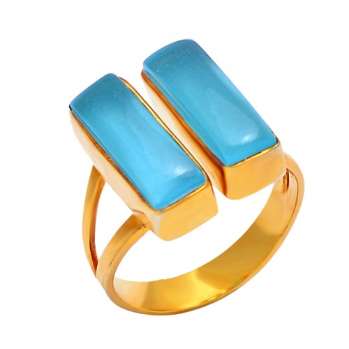 Rectangle Cabochon Chalcedony Gemstone 925 Sterling Silver Gold Plated Ring
