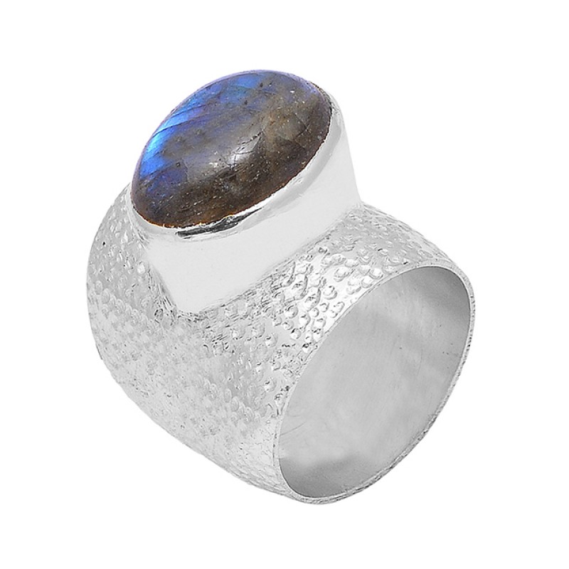 925 Sterling Silver Oval Shape Labradorite Gemstone Gold Plated Hammered Ring