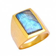 Rectangle Shape Labradorite Gemstone 925 Sterling Silver Gold Plated Ring