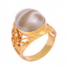 Filigree Style Handmade Flint Oval Shape Gemstone 925 Silver Gold Plated Ring