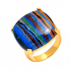 925 Sterling Silver Rainbow Calsilica Cushion Cabochon Gemstone Gold Plated Ring