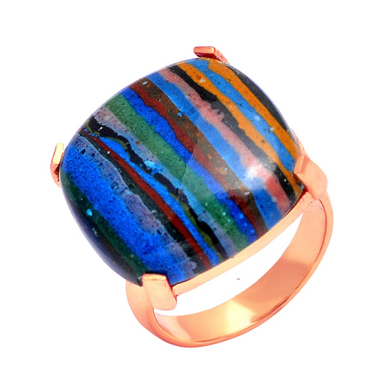925 Sterling Silver Rainbow Calsilica Cushion Cabochon Gemstone Gold Plated Ring