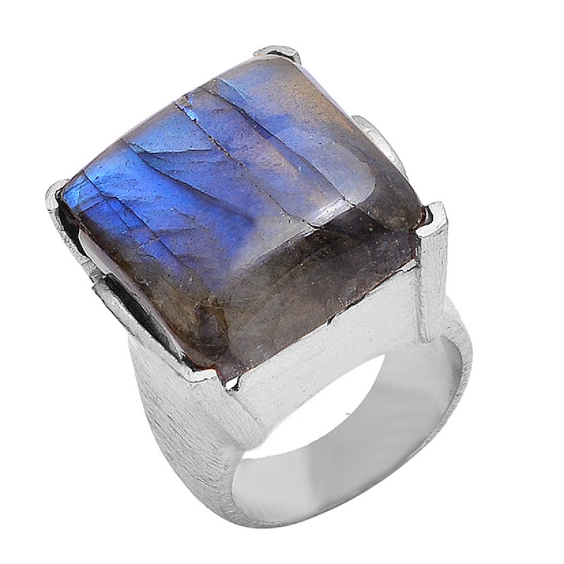 925 Sterling Silver Labradorite Square Cabochon Gemstone Gold Plated Ring