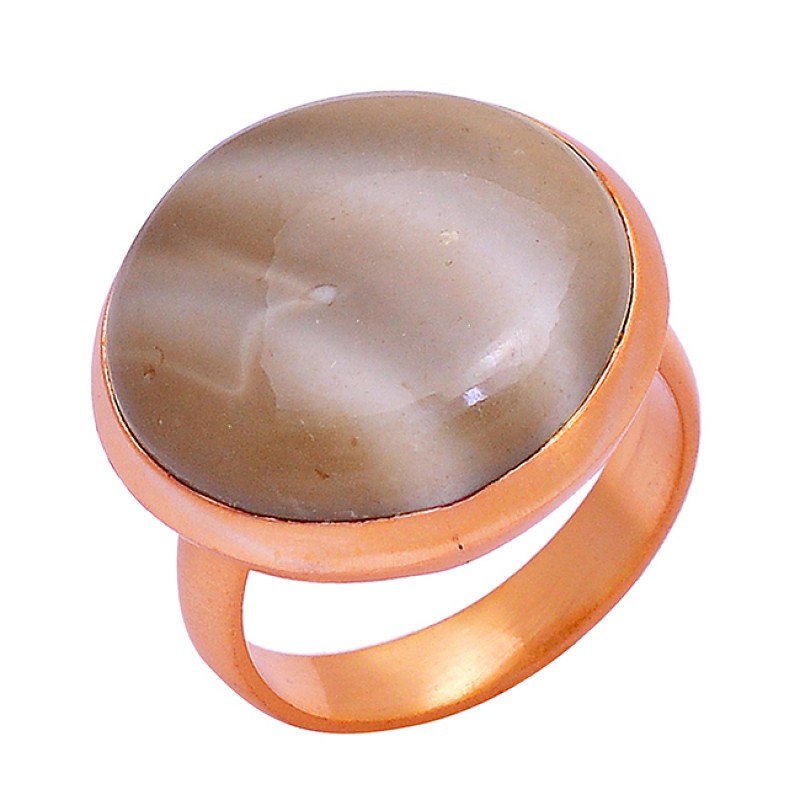 Round Cabochon Flint Gemstone 925 Sterling Silver Gold Plated Designer Ring