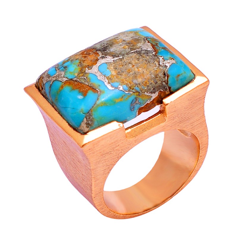 925 Silver Rectangle Shape Blue Copper Turquoise Gemstone Gold Plated Ring