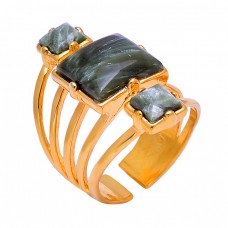 Square Shape Seraphinite Gemstone 925 Sterling Silver Gold Plated Ring Jewelry