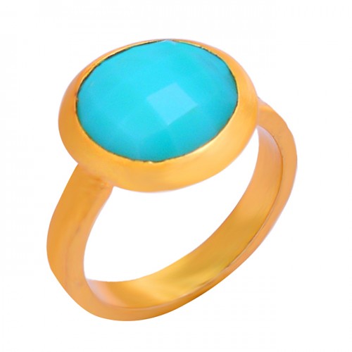 Aqua Chalcedony Round Shape Gemstone 925 Sterling Silver Gold Plated Ring